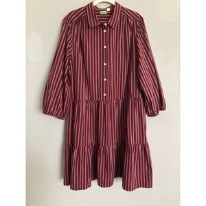 Gap Tiered Striped Poplin Shirtdress XL Elbow Sleeve Burgundy Cotton